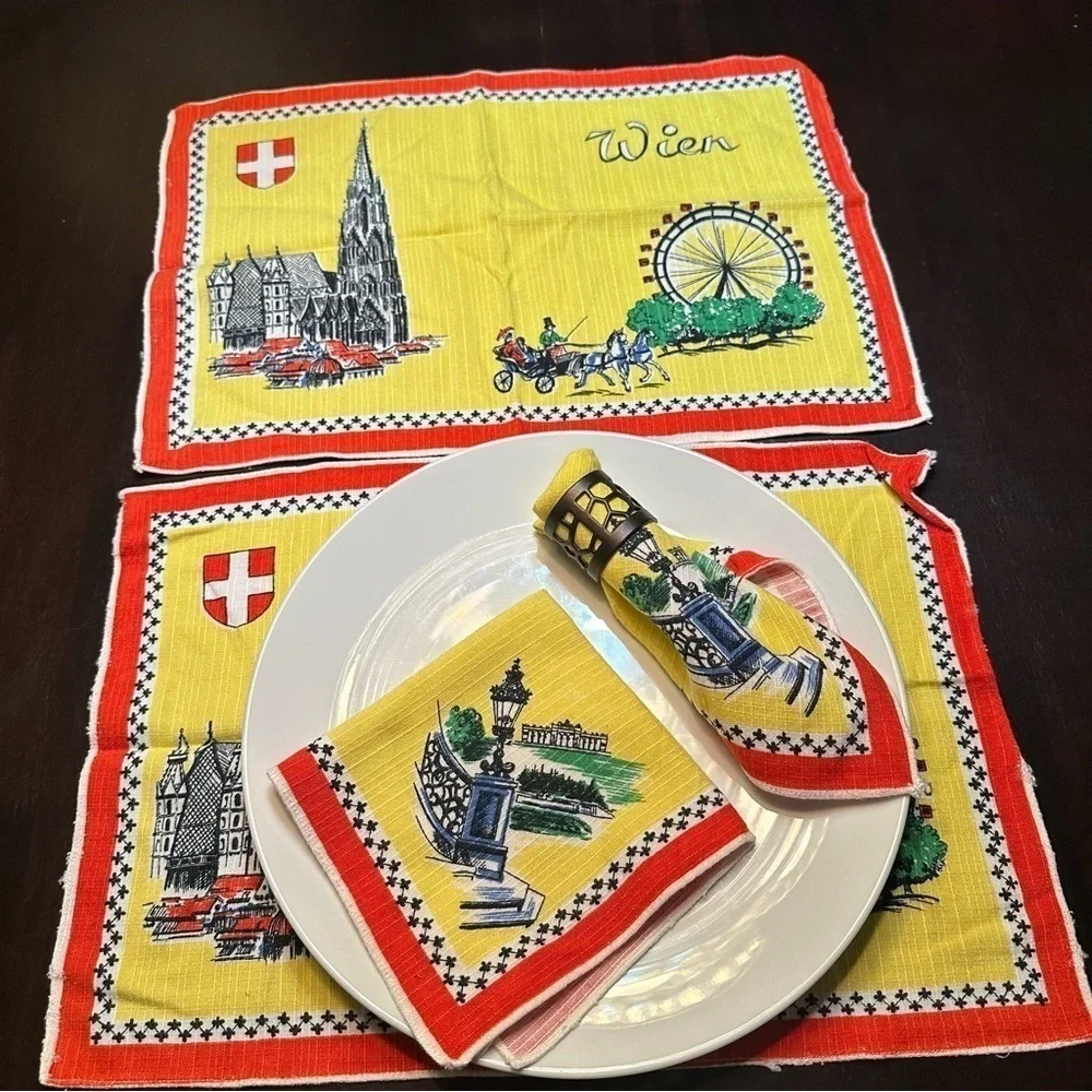 Vintage Austrian Linens Napkins Placemats Lot Mid Century Bright Color Landmarks